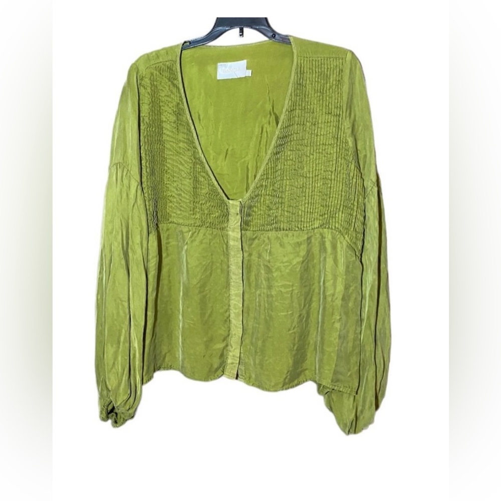 Anthropologie Sancia Silky Puff Sleeve Oversized Pintucked Pleat Button Front XS